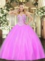 Lilac Tulle Lace Up Quince Ball Gowns Sleeveless Floor Length Beading