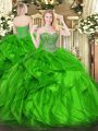 Colorful Floor Length Lace Up Quinceanera Gown Green for Military Ball and Sweet 16 and Quinceanera with Beading and Ruffles