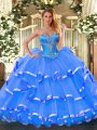 Graceful Floor Length Blue Sweet 16 Dresses Organza Sleeveless Beading and Ruffled Layers
