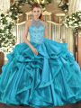 Organza Halter Top Sleeveless Lace Up Beading Sweet 16 Dresses in Teal