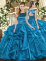 Glorious Teal Lace Up Scoop Ruffles Sweet 16 Dresses Organza Sleeveless