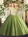Exquisite Floor Length Olive Green Ball Gown Prom Dress Tulle Cap Sleeves Beading