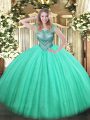 Classical Turquoise Sleeveless Floor Length Beading Lace Up Quinceanera Gowns