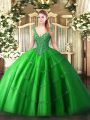 V-neck Sleeveless Quinceanera Gown Floor Length Beading and Appliques Green Tulle