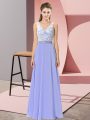 Glorious Lavender Empire Beading Prom Gown Backless Chiffon Sleeveless Floor Length
