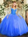 Adorable Scoop Long Sleeves Lace Up Quinceanera Gown Blue Tulle