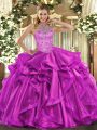 Fuchsia Halter Top Neckline Beading and Embroidery and Ruffles Quinceanera Dresses Sleeveless Lace Up
