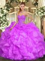 Lilac Ball Gowns Beading and Ruffles Quince Ball Gowns Lace Up Organza Sleeveless Floor Length