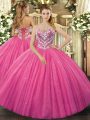 Hot Pink Ball Gowns Sweetheart Sleeveless Tulle Floor Length Lace Up Beading 15th Birthday Dress