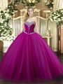 Sweetheart Sleeveless 15th Birthday Dress Floor Length Beading Fuchsia Tulle