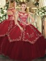 Cap Sleeves Floor Length Beading and Appliques and Embroidery Lace Up Quinceanera Dress with Wine Red
