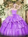 Amazing Lilac Ball Gowns Organza Sweetheart Sleeveless Beading and Lace and Ruffled Layers Floor Length Zipper Quince Ball Gowns