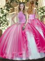 Great Hot Pink Sleeveless Tulle Lace Up 15th Birthday Dress for Military Ball and Sweet 16 and Quinceanera