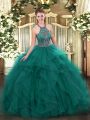 Flare Floor Length Teal Quinceanera Dresses Tulle Sleeveless Beading and Ruffles