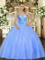 Custom Design Blue Sleeveless Tulle Lace Up Quince Ball Gowns for Military Ball and Sweet 16 and Quinceanera