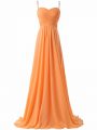 Fitting Orange Chiffon Criss Cross Prom Party Dress Sleeveless Sweep Train Ruching