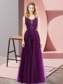 Flirting Dark Purple Tulle Backless Prom Dresses Sleeveless Floor Length Beading and Appliques