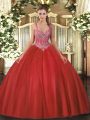 New Arrival Coral Red Tulle Lace Up Sweet 16 Dress Sleeveless Floor Length Beading