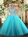 Dynamic Beading Quince Ball Gowns Aqua Blue Lace Up Sleeveless Floor Length