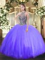 Dazzling Lavender Ball Gowns Beading Vestidos de Quinceanera Lace Up Tulle Sleeveless Floor Length