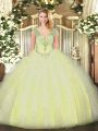 Stylish Sleeveless Tulle Floor Length Lace Up Quince Ball Gowns in Yellow Green with Beading and Ruffles