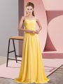Delicate Gold Empire Chiffon Spaghetti Straps Sleeveless Ruching Floor Length Lace Up Prom Gown
