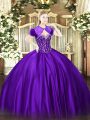 Best Sleeveless Floor Length Beading Lace Up Quince Ball Gowns with Purple