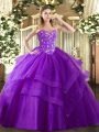Eggplant Purple Sweetheart Neckline Embroidery and Ruffled Layers Quinceanera Gowns Sleeveless Lace Up