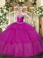 Elegant Fuchsia Ball Gowns Sweetheart Sleeveless Tulle Floor Length Lace Up Beading and Ruffled Layers Ball Gown Prom Dress