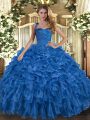 Blue Sleeveless Floor Length Ruffles Lace Up Quinceanera Gowns