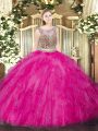 Glorious Sleeveless Floor Length Beading and Ruffles Lace Up Sweet 16 Dresses with Hot Pink
