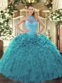 Teal Ball Gowns Organza Halter Top Sleeveless Beading and Embroidery and Ruffles Floor Length Lace Up Quinceanera Gowns