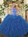 Low Price Blue Ball Gowns Organza Halter Top Sleeveless Beading and Embroidery and Ruffles Floor Length Lace Up Sweet 16 Dress