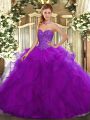 Flare Purple Tulle Lace Up Quinceanera Gowns Sleeveless Floor Length Beading and Ruffles