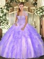 Sophisticated Tulle Strapless Sleeveless Lace Up Appliques and Ruffles Ball Gown Prom Dress in Lavender
