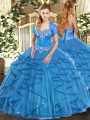 Stunning Sweetheart Sleeveless Lace Up Quinceanera Gowns Baby Blue Tulle