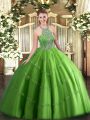 Modern Ball Gowns Halter Top Sleeveless Tulle Floor Length Lace Up Beading and Appliques Vestidos de Quinceanera