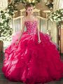 Noble Hot Pink Ball Gowns Embroidery Quinceanera Dress Lace Up Organza and Printed Sleeveless Floor Length