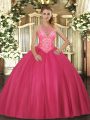 Deluxe Floor Length Ball Gowns Sleeveless Hot Pink Quinceanera Dresses Lace Up