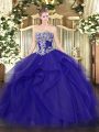 On Sale Blue Ball Gowns Beading and Ruffles Ball Gown Prom Dress Lace Up Tulle Sleeveless Floor Length
