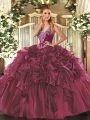 Pretty Burgundy Lace Up 15th Birthday Dress Beading and Ruffles Sleeveless Floor Length