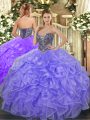 Pretty Sleeveless Floor Length Beading and Ruffles Lace Up Ball Gown Prom Dress with Lavender