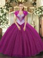 Most Popular Floor Length Lace Up 15th Birthday Dress Fuchsia for Military Ball and Sweet 16 and Quinceanera with Beading and Sequins