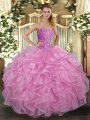 Fabulous Rose Pink Sweetheart Lace Up Beading and Ruffles Quinceanera Gowns Sleeveless