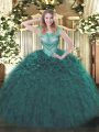Floor Length Lace Up Sweet 16 Dresses Teal for Sweet 16 and Quinceanera with Beading and Ruffles