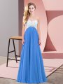 Floor Length Blue Prom Evening Gown One Shoulder Sleeveless Criss Cross