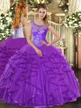 Popular Purple Ball Gowns Tulle Scoop Sleeveless Beading and Ruffles Floor Length Lace Up Sweet 16 Dresses