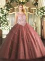 Charming Brown Tulle Zipper Quinceanera Dress Sleeveless Floor Length Beading and Appliques