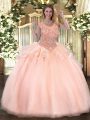 Floor Length Peach 15th Birthday Dress Organza Sleeveless Beading