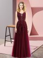 Burgundy Sleeveless Floor Length Beading and Appliques Backless Dress for Prom